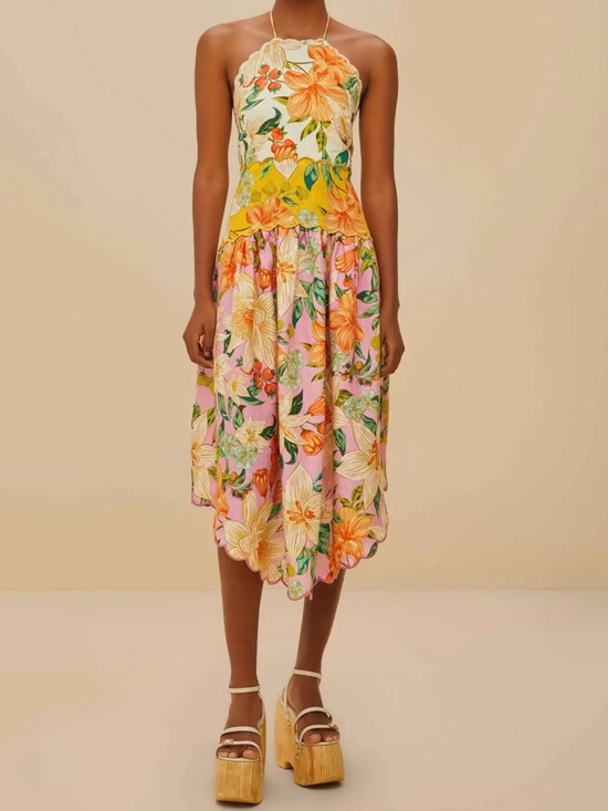 FARM Rio Dresses & Skirts - Farm Rio Guaragarden 100% Linen Halter Midi Dress Button Back Floral NWT Large